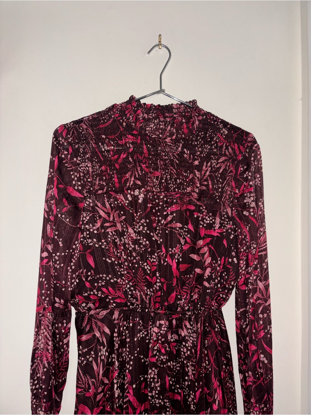 Nanette Lepore Burgundy and Pink Floral Long-Sleeve Midi Dress with Ruffle Neck